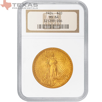 Obverse of $20 Saint-Gaudens Gold Double Eagle MS-64